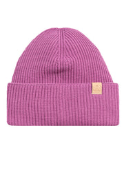 Pink knit beanie hat with a folded brim and a small square patch on the front.