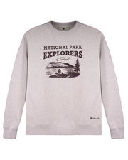Gray sweatshirt with National Park Explorers of Finland and a nature scene printed on the front.