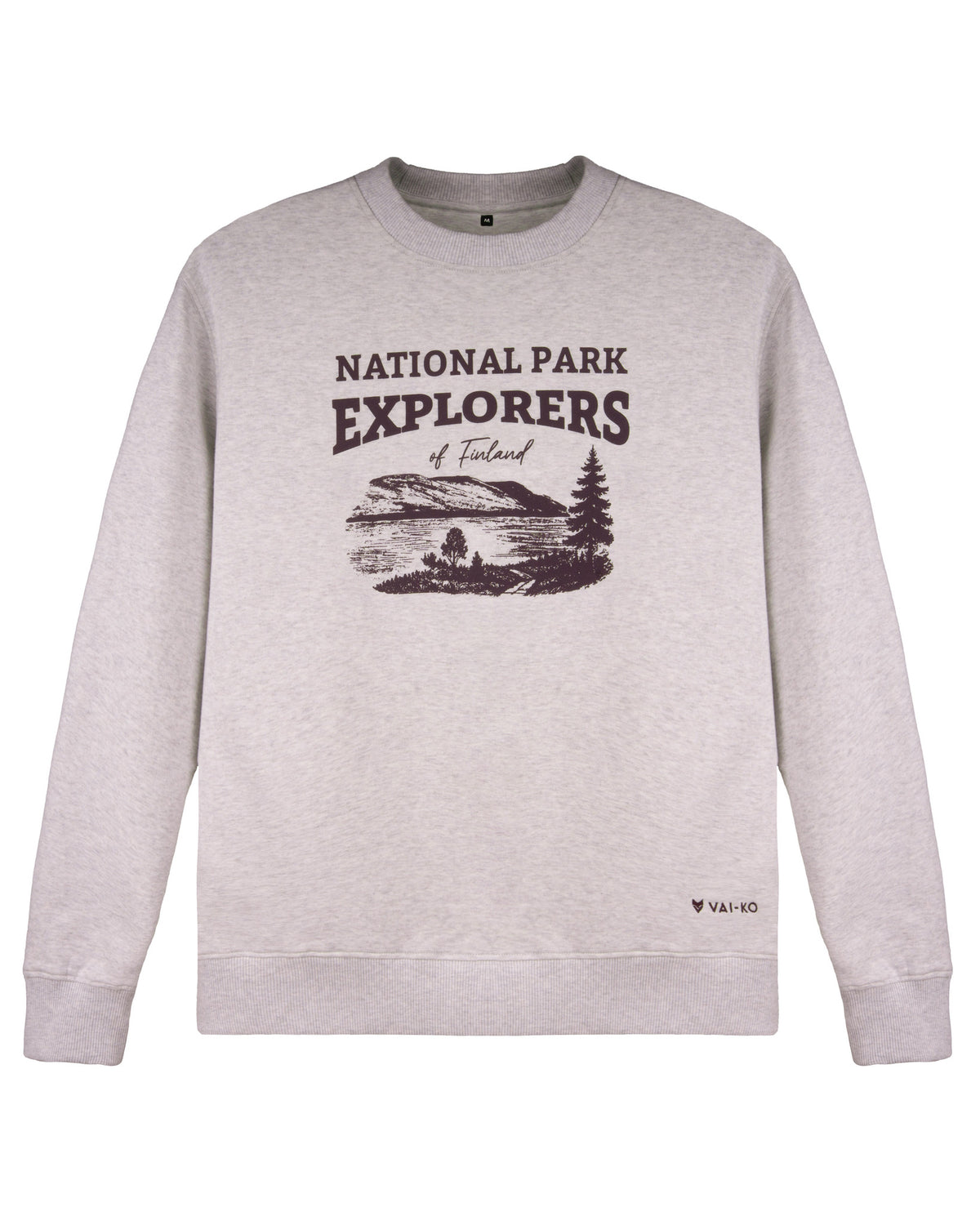 Gray sweatshirt with National Park Explorers of Finland and a nature scene printed on the front.