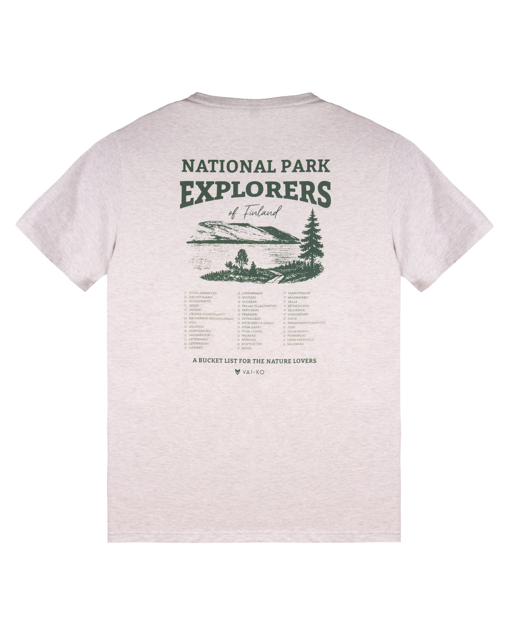 Beige t-shirt with National Park Explorers of Thailand and a nature scene printed on the back in green ink.