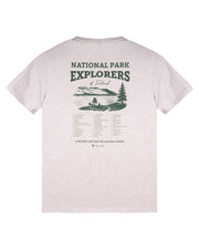 Beige t-shirt with National Park Explorers of Thailand and a nature scene printed on the back in green ink.
