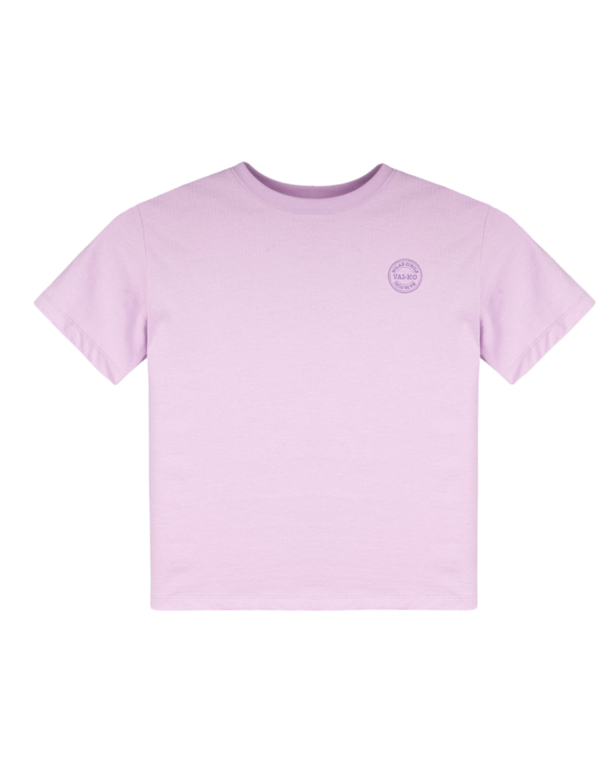 Light purple short-sleeve T-shirt with a small circular logo on the left chest.