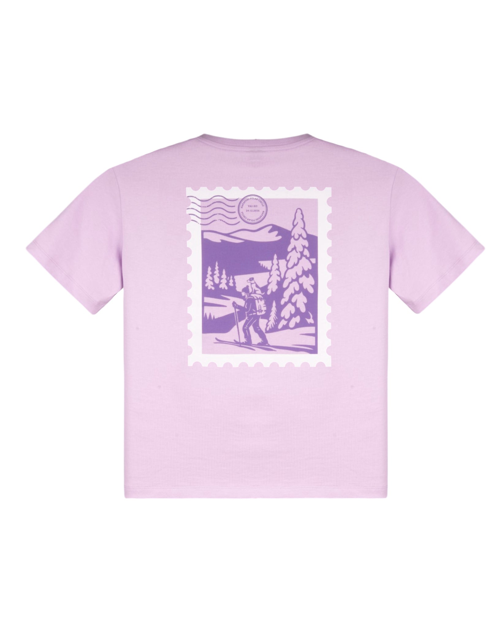 Lavender t-shirt with a purple postage stamp graphic showing a hiker in a snowy forest on the back.