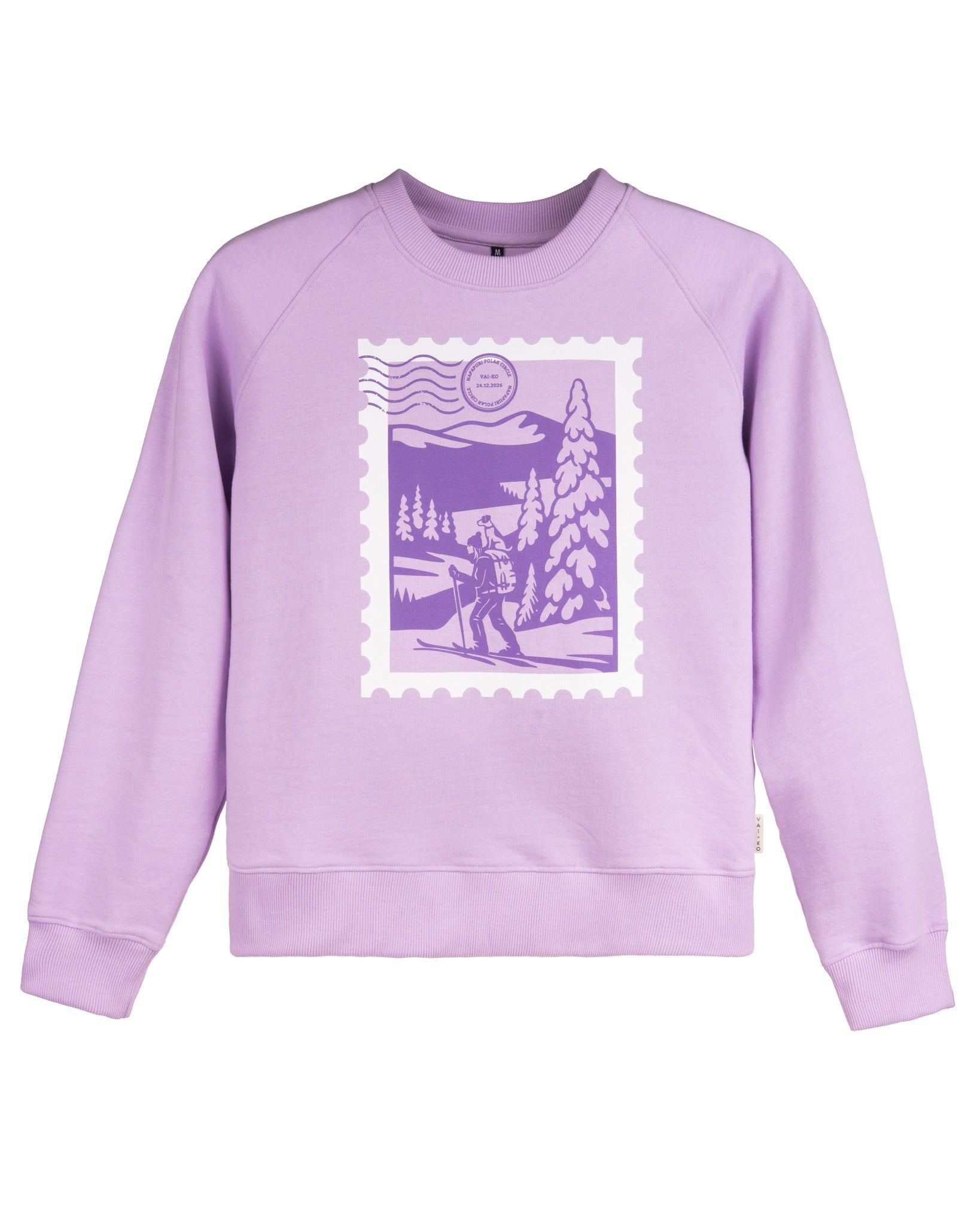 Lavender sweatshirt with a white stamp design featuring a hiker and trees in the center.