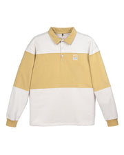 Long-sleeve polo shirt with cream top and bottom sections and a wide mustard yellow stripe across the chest.