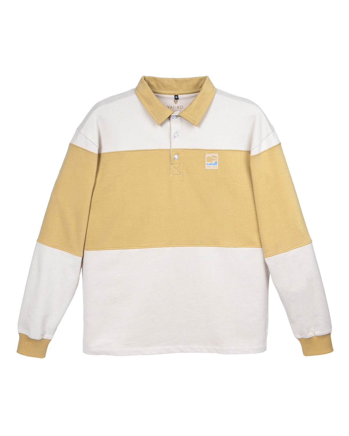 Long-sleeve polo shirt with cream top and bottom sections and a wide mustard yellow stripe across the chest.