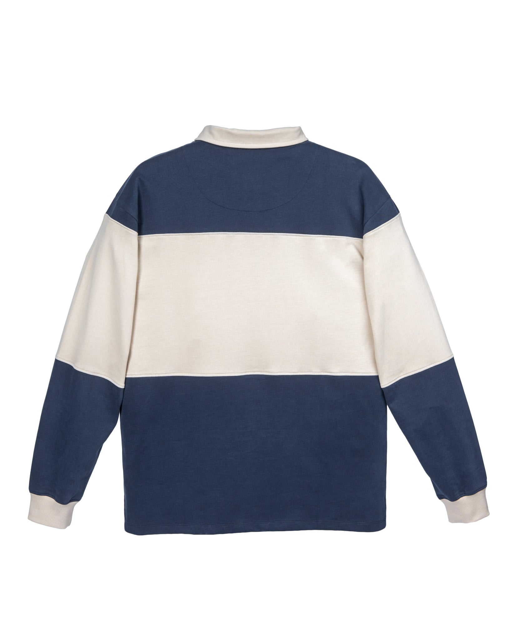 Long-sleeve shirt with navy and cream horizontal stripes, shown from the back.