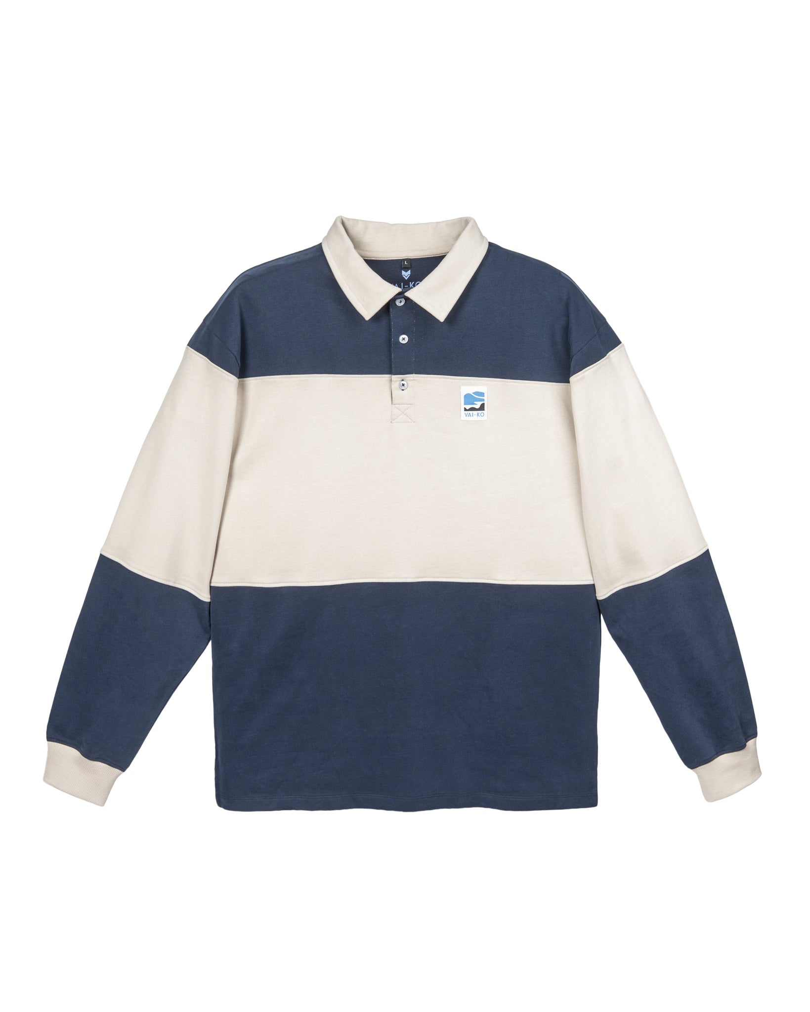 Long-sleeve rugby shirt with navy and beige horizontal stripes and a small logo on the chest.