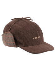 Brown corduroy deerstalker hat with plaid ear flaps and VAL-KO embroidered on the front.