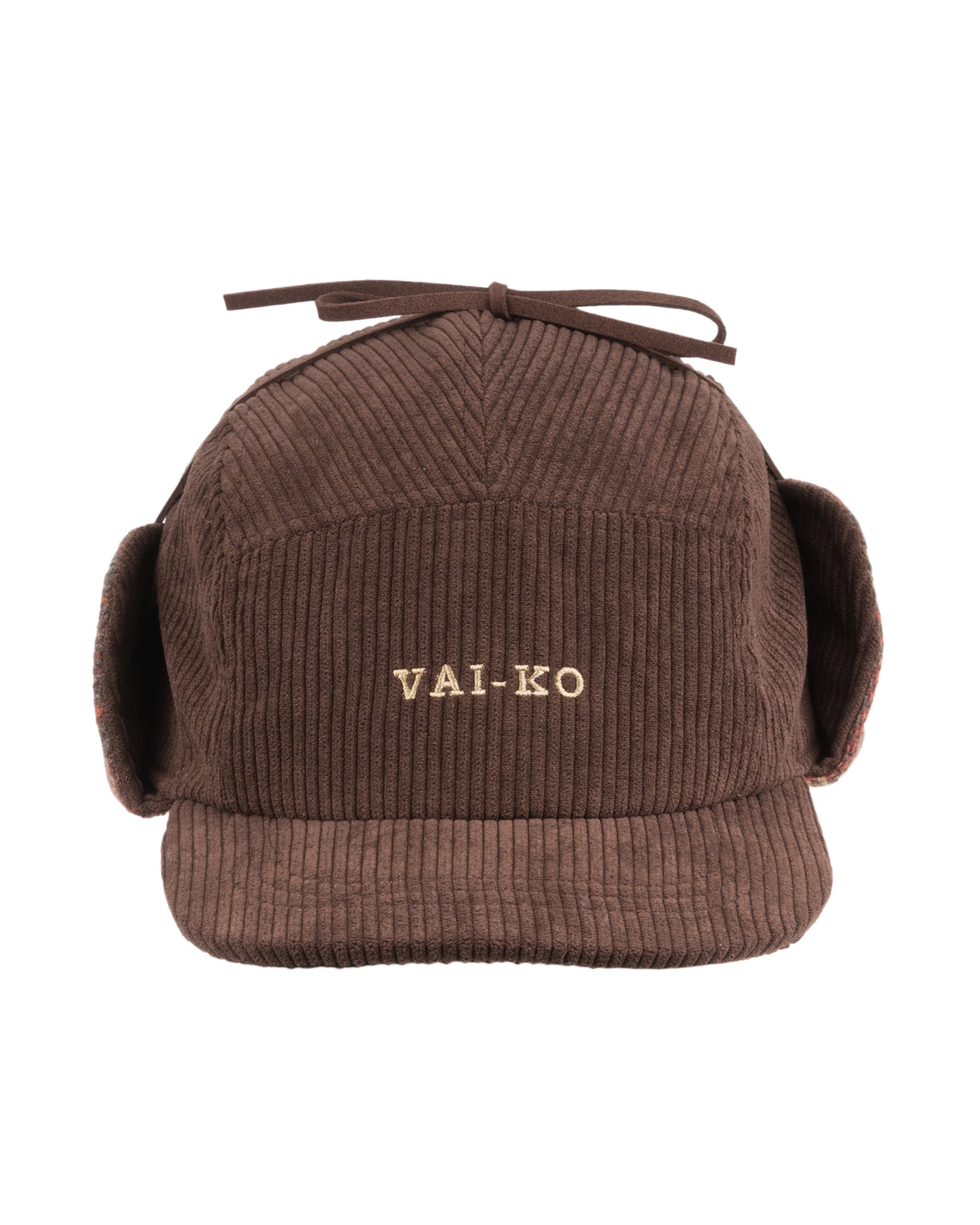 Brown corduroy hat with ear flaps, a small bow on top, and VAI-KO embroidered in front.