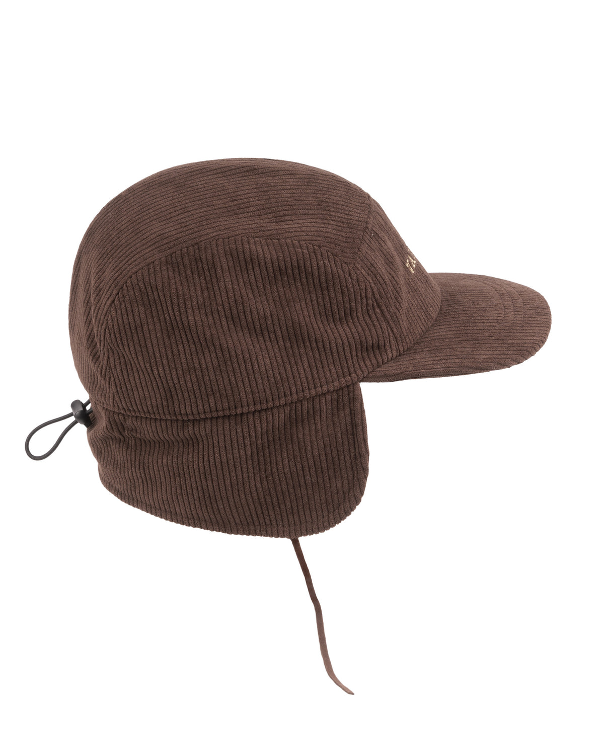 Brown corduroy cap with ear flaps, side view, featuring an adjustable strap at the back.