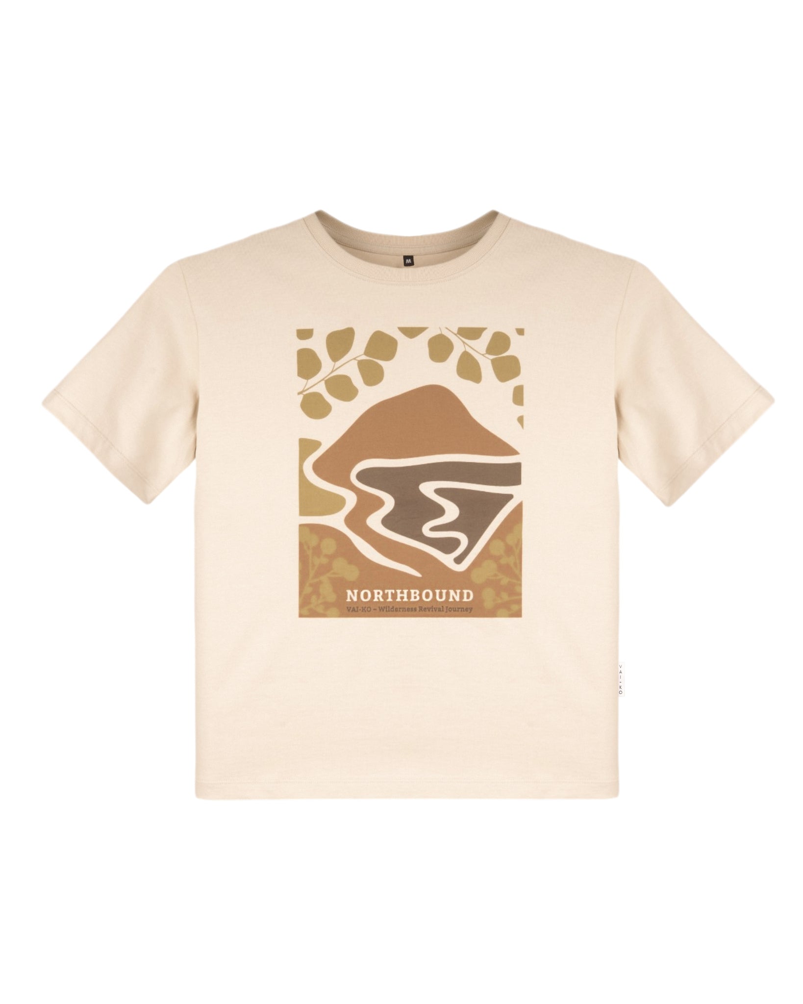 Beige t-shirt with an abstract nature design and the word NORTHBOUND printed on the front.
