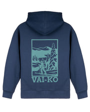 Navy hoodie with a graphic of a skier, trees, mountains, and the text VAI-KO on the back.