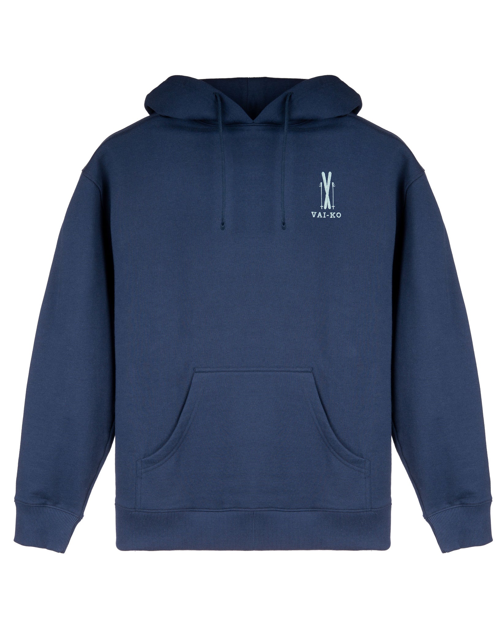 Navy blue hoodie with front pocket and a small white logo on the upper left chest.