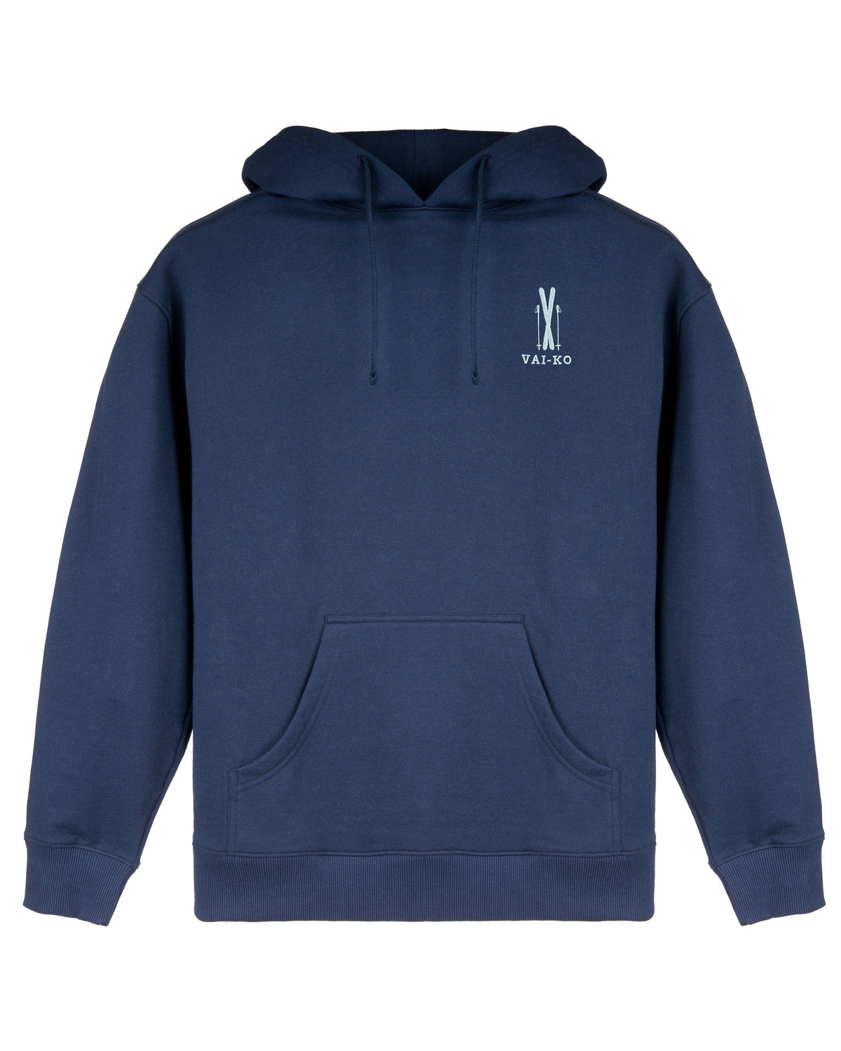 Navy blue hoodie with front pocket and a small white logo on the upper left chest.