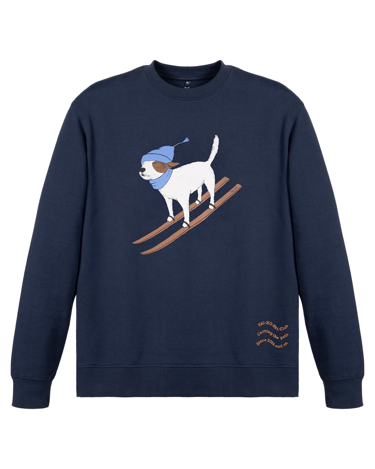 Navy sweatshirt with a graphic of a dog skiing, wearing a blue hat and scarf.