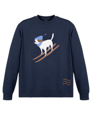 Navy sweatshirt with a graphic of a dog skiing, wearing a blue hat and scarf.