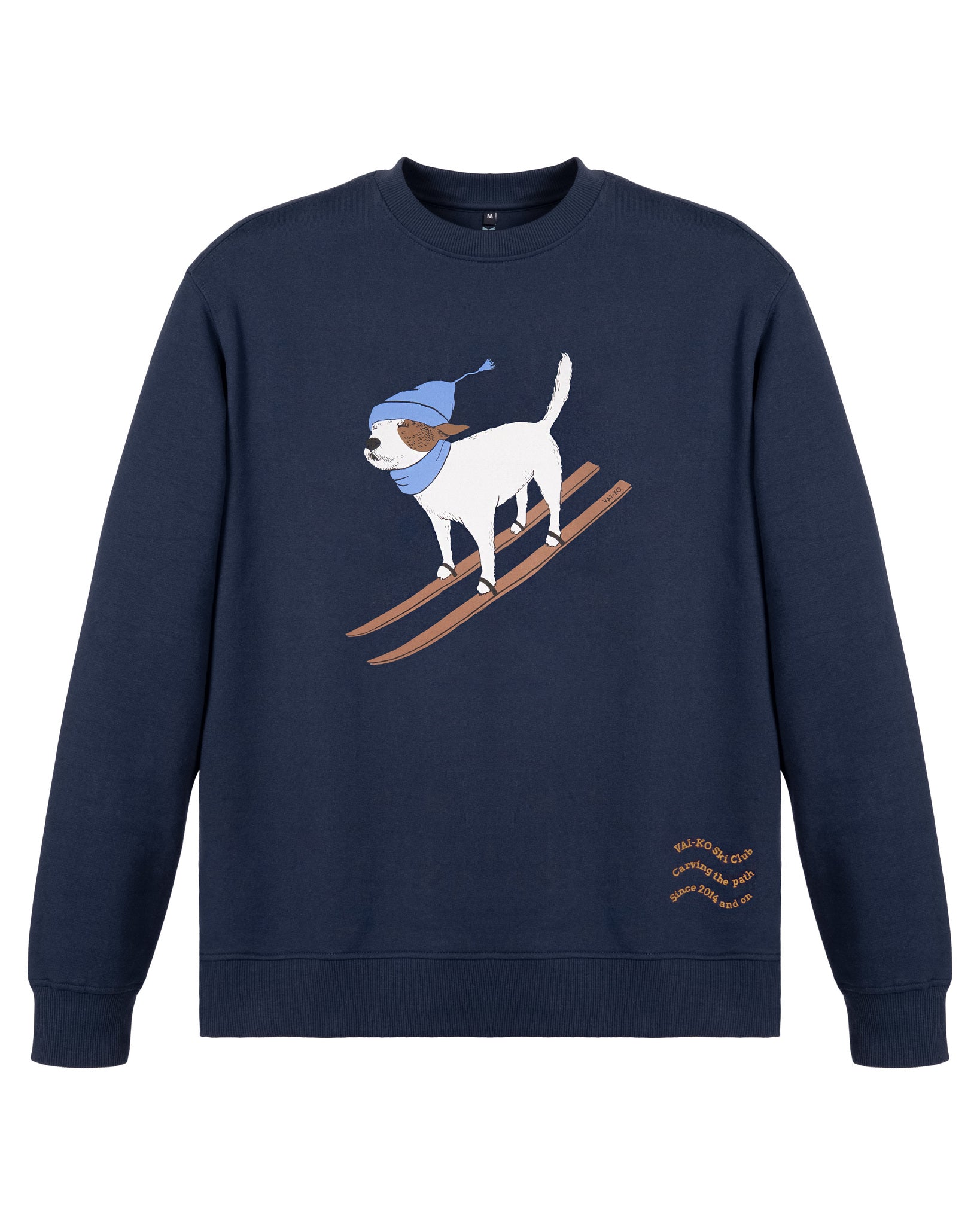 Navy sweatshirt with a graphic of a dog skiing, wearing a blue hat and scarf.