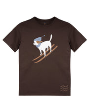 Brown t-shirt with an illustration of a dog wearing a hat and scarf, standing on wooden skis.