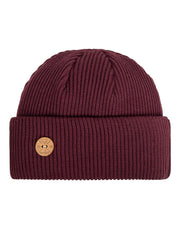 A maroon knit beanie with a wide folded brim and a round tan logo patch on the front.