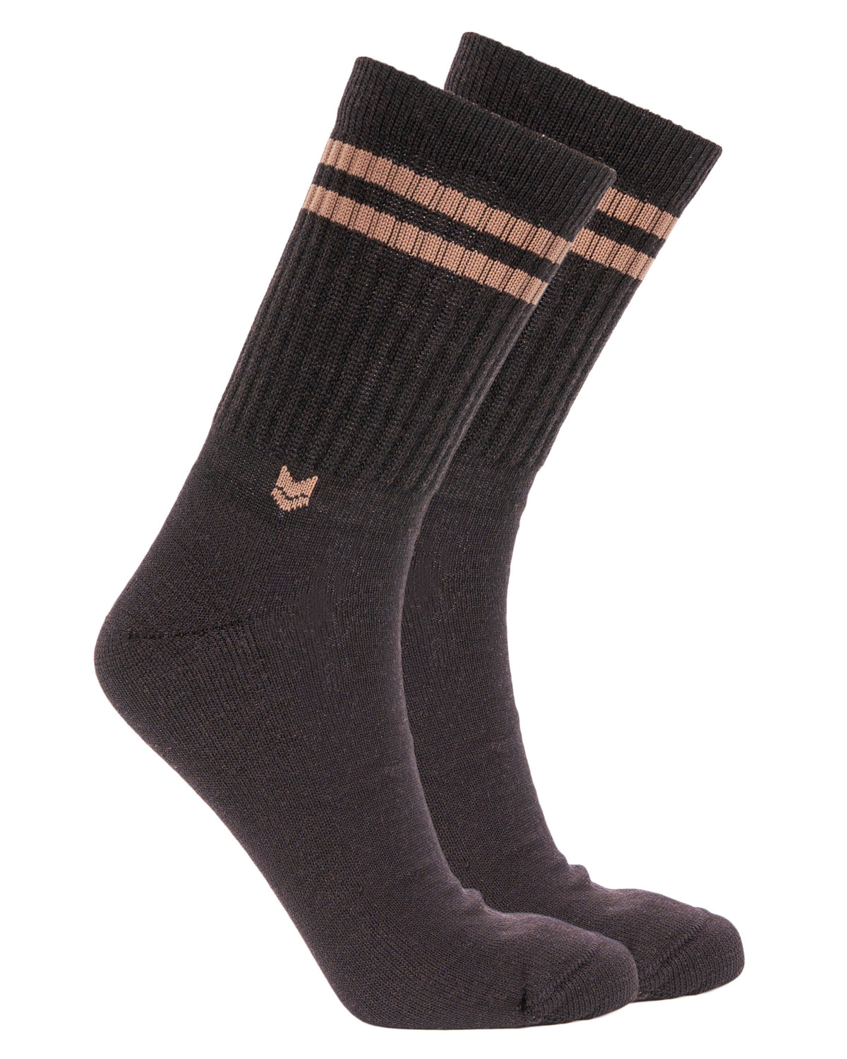 Pair of black crew socks with two brown stripes near the top and a small brown logo near the ankle.