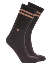 Pair of black crew socks with two brown stripes near the top and a small brown logo near the ankle.