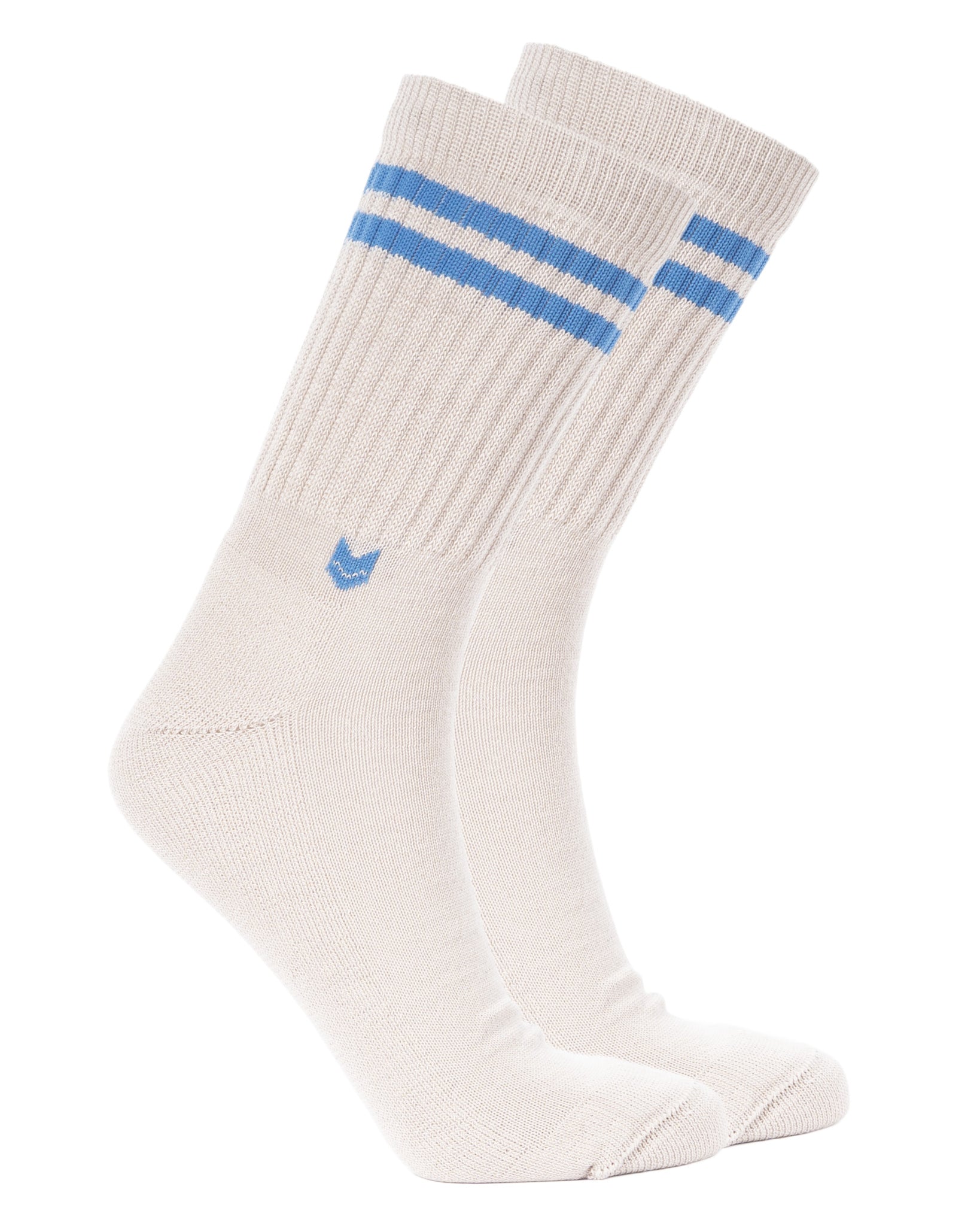 Pair of white crew socks with two blue stripes near the top, shown on an invisible foot form.