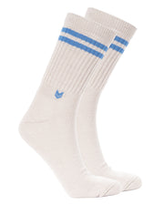 Pair of white crew socks with two blue stripes near the top, shown on an invisible foot form.