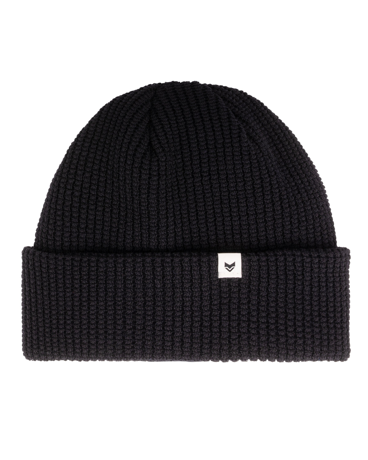 Black knit beanie with a folded brim and a small white tag featuring a simple black logo.