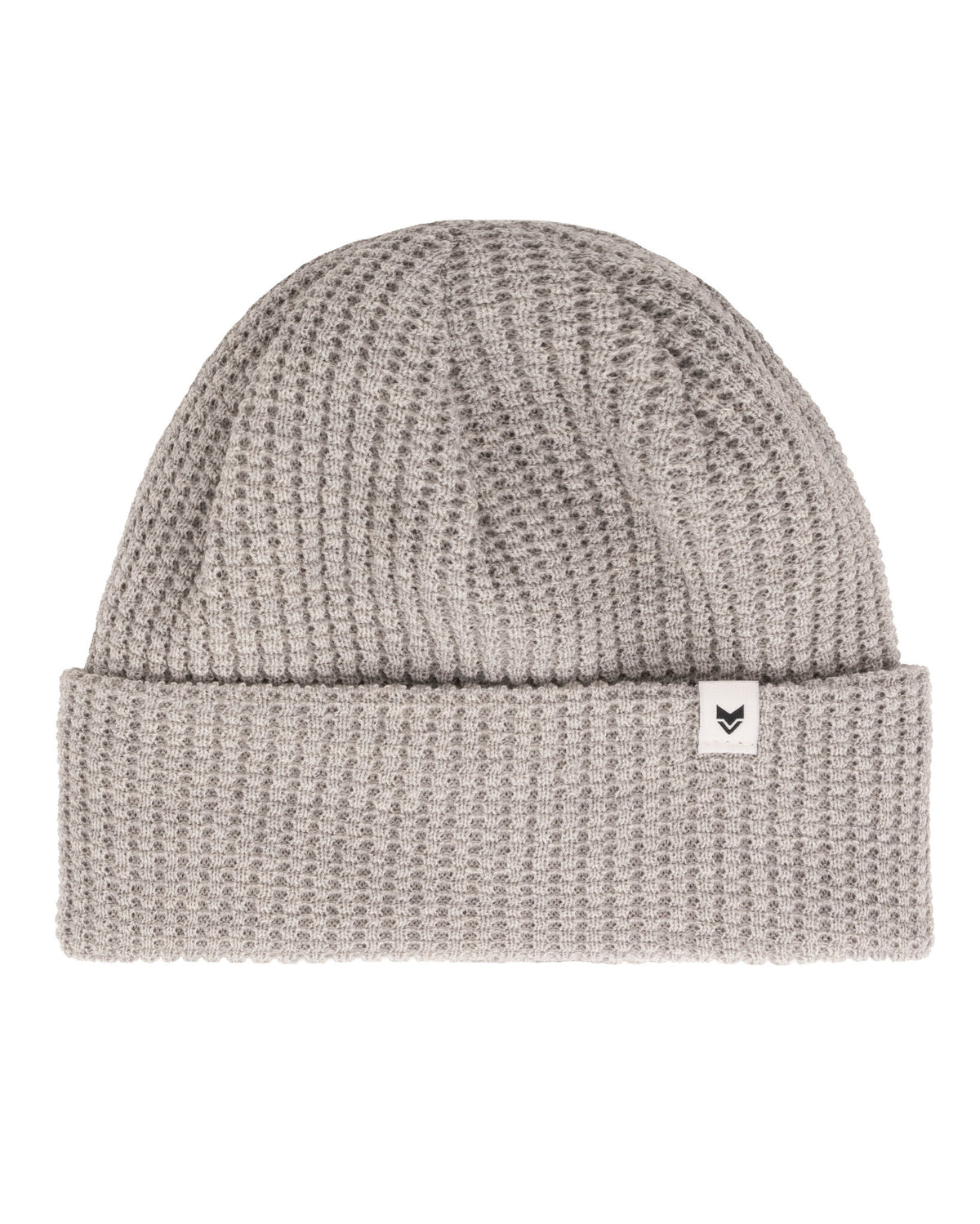 Gray waffle-knit beanie with a folded brim and a small white patch featuring a black fox logo.