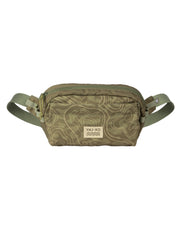 Olive green waist bag with contour line pattern and a Vai-Ko logo patch on the front.