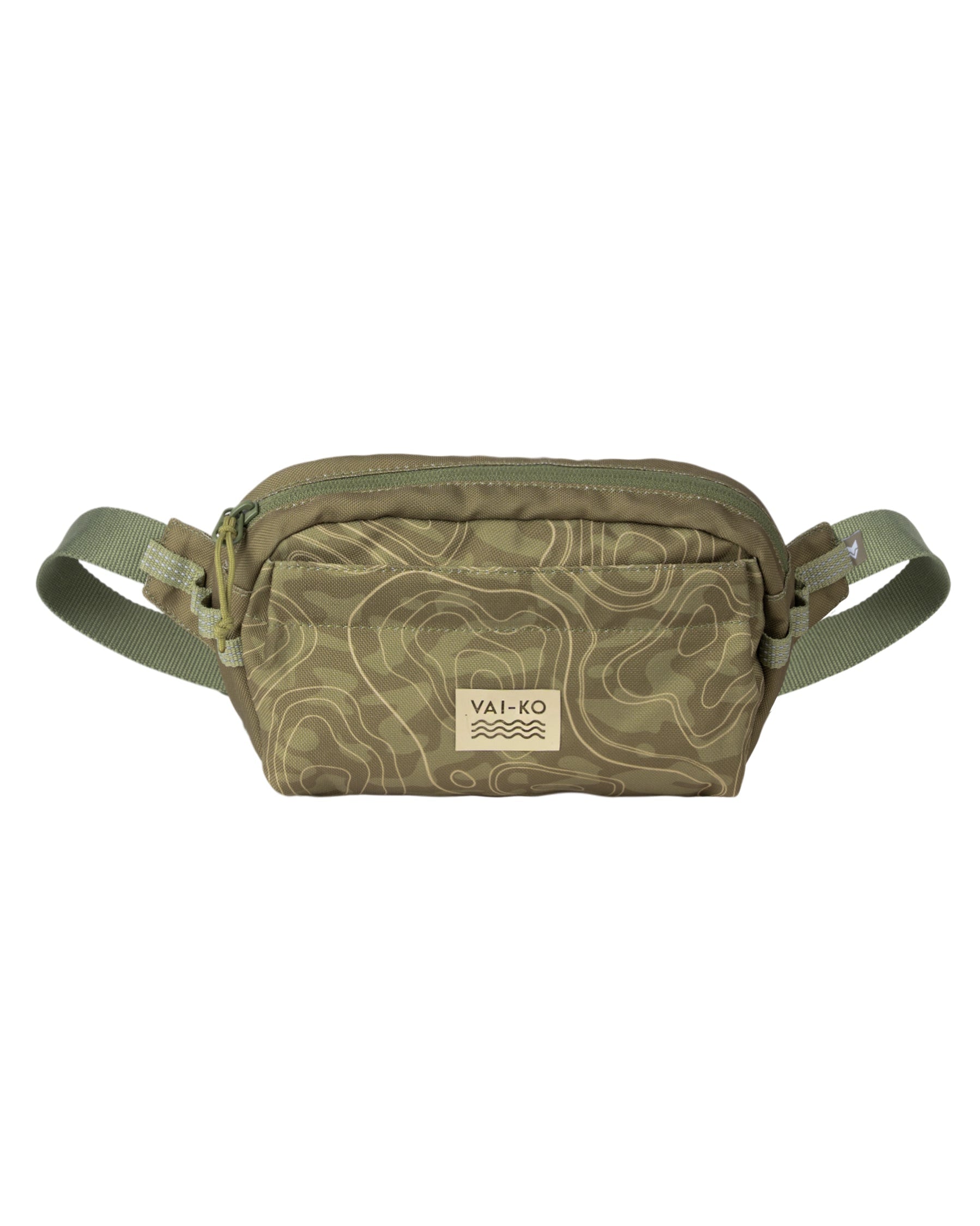 Olive green waist bag with contour line pattern and a Vai-Ko logo patch on the front.