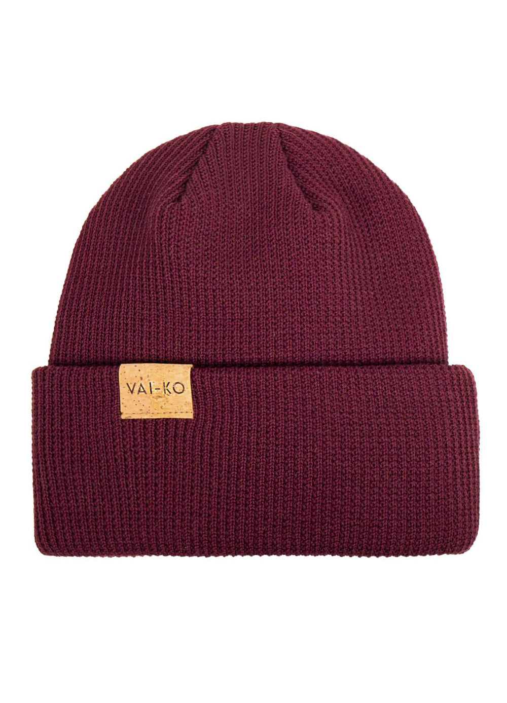 Maroon knit beanie with a folded brim and a small tan VAL-KO label on the front.