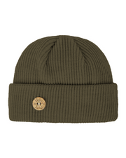 Olive green ribbed knit beanie with a folded brim and a round cork logo patch on the front.