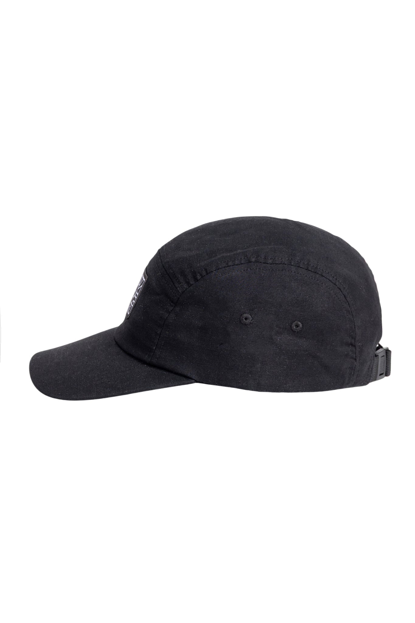 Black baseball cap shown from the side, with ventilation eyelets and an adjustable strap at the back.