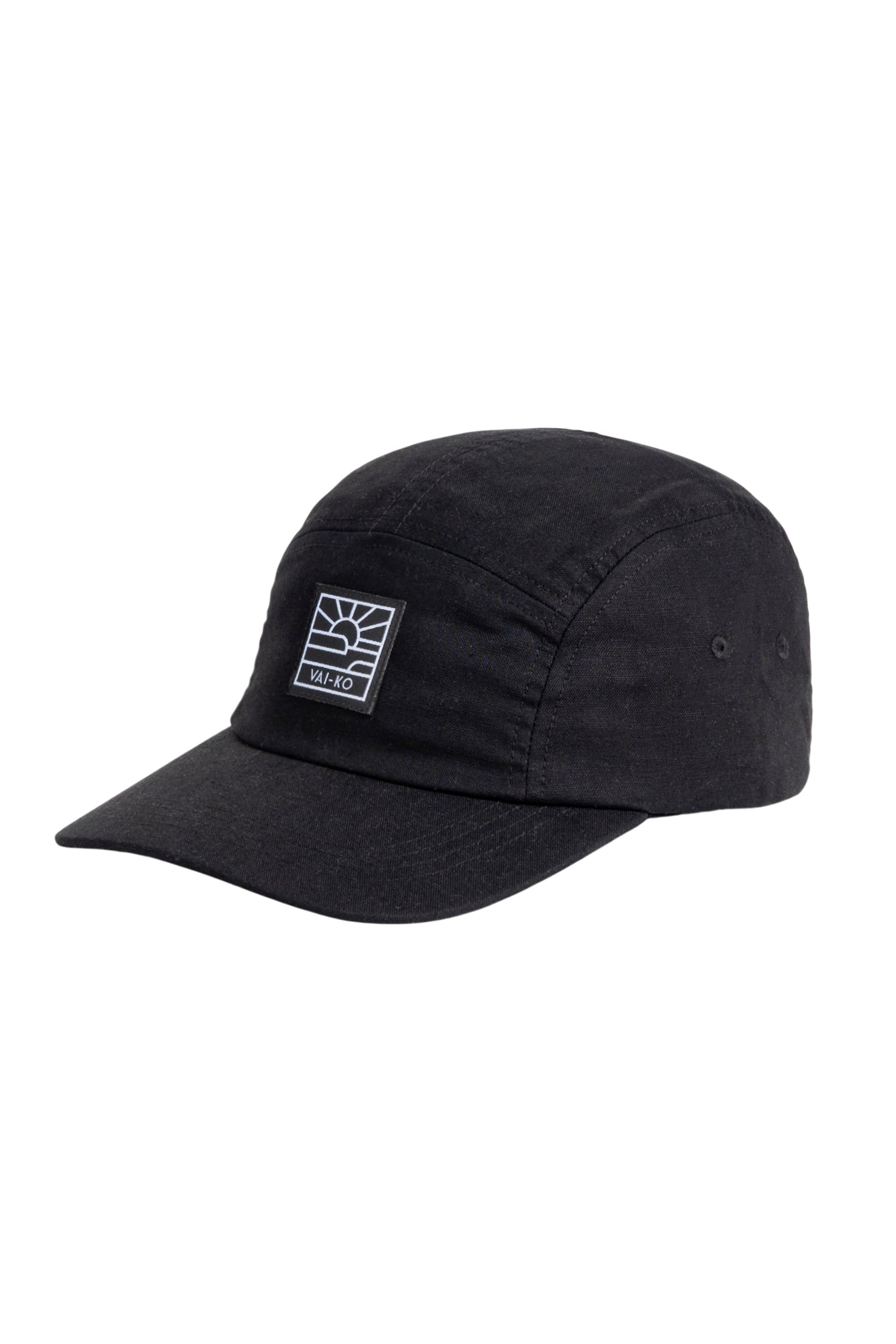 Black baseball cap with a square white logo patch on the front.