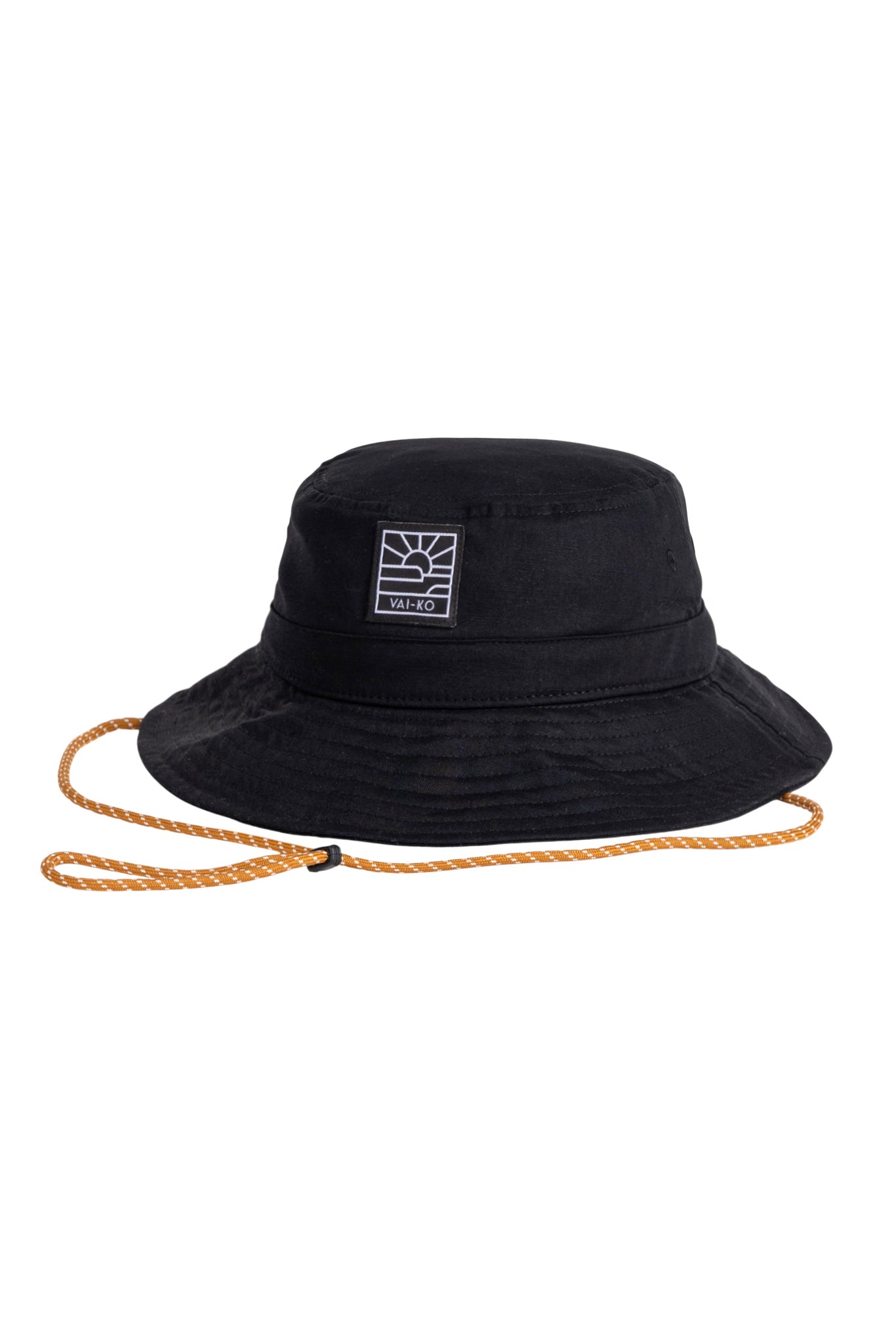 Black bucket hat with a square white logo on the front and an orange adjustable chin strap.